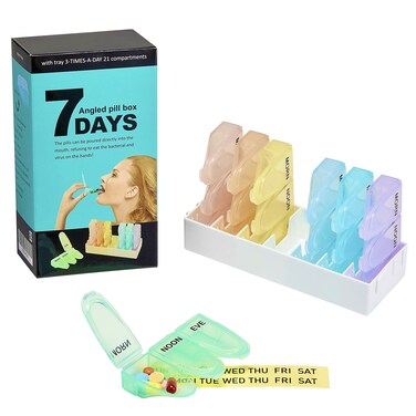 Patented Angled Pill Organizer 3 Times a Day, Easy to Swallow Pills Without Touching Pills, Weekly Medicine Small Case 7 Days Travel Holder Box