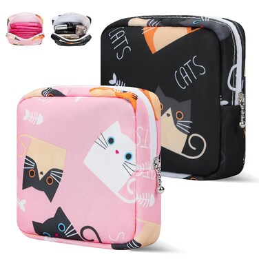 Period Bag Pouch, Canvas Sanitary Napkin Storage Bag for Girls Womens, Portable Sanitary Napkin Period Pad Pouch Bag for Purse, Small Make Up Bags(Cat, Pink)
