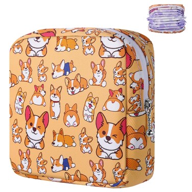 Period Bag Pouch, Canvas Sanitary Napkin Storage Bag for Girls Womens, Portable Sanitary Napkin Period Pad Pouch Bag for Purse, Small Make Up Bags(Orange Dog)