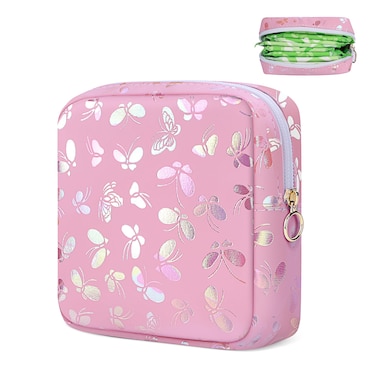 Period Bag Pouch, Leather Sanitary Napkin Storage Bag for Girls Womens, Portable Sanitary Napkin Period Pad Pouch Bag for Purse, Small Make Up Bags(Pink Butterflies)