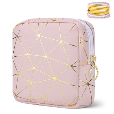 Period Bag Pouch, Leather Sanitary Napkin Storage Bag for Girls Womens, Portable Sanitary Napkin Period Pad Pouch Bag for Purse, Small Make Up Bags(Pink Gold)