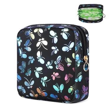 Period Bag Pouch, Leather Sanitary Napkin Storage Bag for Womens, Portable Sanitary Napkin Period Pad Pouch Bag for Purse, Small Make Up Bags(Black Butterflies)