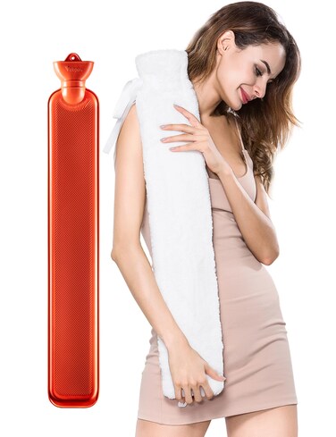 Peterpan Long Hot Water Bottle with Cover, Hot Water Bag for Pain Relief, Holds 70 fl oz, BPA &amp; Phthalate-Free, High Rubber Content, White