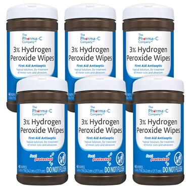 Pharma-C 3% Hydrogen Peroxide Wipes [6 pack - 40ct canisters] - First Aid. H202 Skin Safe Antiseptic Wound Cleaner.