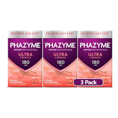 Phazyme Ultra Strength Gas and Bloating Relief, 180 Mg Simethicone, 12 Fast Gels, Pack of 3