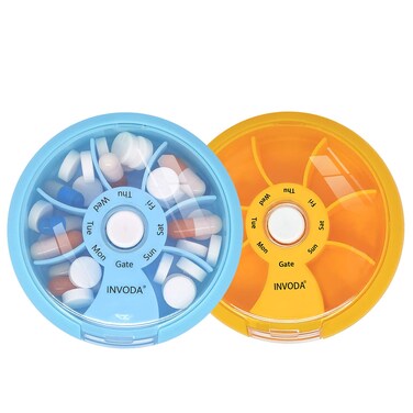 Pill Box 2 PCS Travel Medicine Organizer Portable Pill Container Rotating Weekly Pill Organizer Round Cute Pill Case Fish Oil Vitamins Holder (Blue+Orange)
