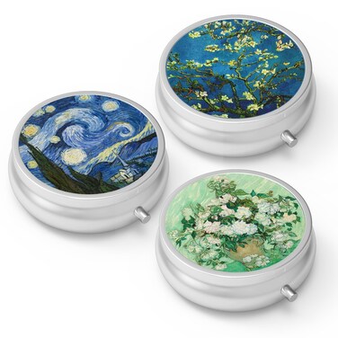 Pill Box 3 Compartment Medicine Pill Case,Portable Pill Box for Pocket or Purse Pill Box Decorative Metal Medicine Vitamin Organizer Unique Gift(3PCS-Van Gogh)