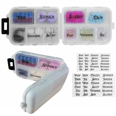 Pill Box with Sticker Labels - 10 Compartments Daily Pill Container - Travel Toiletries Medication Case with Secure Snap-Lock Closure