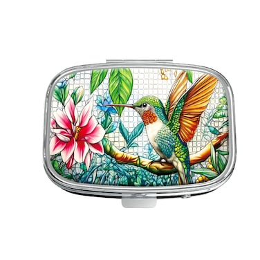 Pill Box, Small Pill Case for Purse &amp; Pocket, Metal Decorative Pill Container, Cute Mini Portable Pill Holder to Hold Supplements, Vitamins, Fish Oil, BPA-Free(Hummingbird)