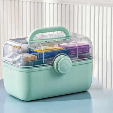 Plastic Medical Storage Containers 3-Tier Fold Tray Medicine Box with Removable Pill Case Family First Aid Box with Handled for Medicine, Art, Family Emergency Kit Storage Box [Green]