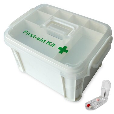 Portable handled medicine first aid box plastic medicine basic organizer holder. Family small safety emergency medical storage box kit travel, car, home, camping, office, vehicle + pill cutter (empty)