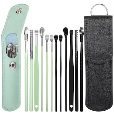 Prasacco 12 Pcs/2 Sets Earwax Removal Kit, Ear Cleaning Tool Set Ear Pick Earwax Removal Kit Stainless Steel Ear Clean Tool Safe Ear Wax Removal Tool Ear Wax Remover with PU Case (Black+Green)