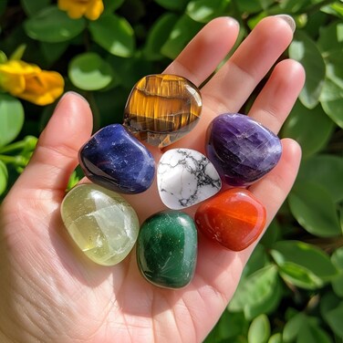 Premium 7 Chakra Stone Set with Burlap Bag, 0.8 Inches Large Size Polished Crystals - Handpicked Natural Tumbled Gemstones for Healing, Reiki, Meditation, and Chakra Balancing