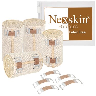 Premium Elastic Bandage Wrap (Set of Two 4 inch &amp; Two 3 inch) - Nexskin Latex Free Medical Compression Bandages Hook &amp; Loop Fasteners at Both Ends - Lifetime Washable &amp; Reusable USA Cotton Bandage