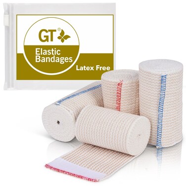 Premium Elastic Bandage Wraps (4" 2Pack &amp; 3" 2Pack) -Made of Grown Organic Cotton - Hook &amp; Loop Fasteners at Both Ends - GT Latex Free Hypoallergenic Compression Roll for Sprains &amp; Injuries