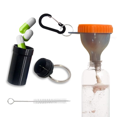 Protein Funnel Set Travel Protein Powder Containers with 1 Carabiner 1 Brush and 1 Mini Pocket Pill Box Reinforced to Prevent Spills Gym Pre-Workout Supplement Orange Powder Funnels