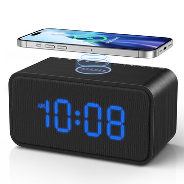 REACHER Sound Machine with Dual Alarm Clock for Bedrooms, Bluetooth Speaker, Wireless Charging Station for iPhone/Samsung, 20 Soothing Sounds, 0-100% Dimmer, Sleep Timer, Noise Machine for Sleeping