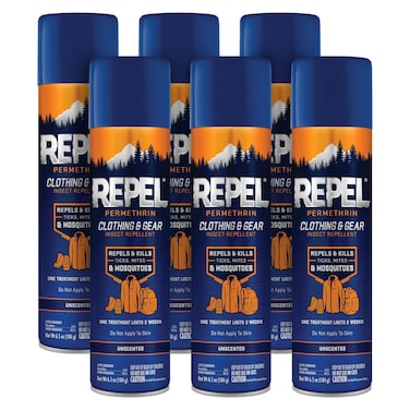Repel Permethrin Clothing &amp; Gear Insect Repellent, Use on Outdoor Gear, Tents and Sleeping Bags, Repels Mosquitoes, Ticks, Mites, (Aerosol Spray), 6.5 Fl Oz (Pack of 6)
