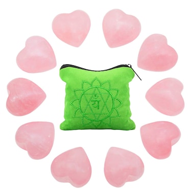 Rockcloud 10 PCS Healing Crystal Rose Quartz Heart Love Carved Worry Stones with Chakra Bag Meditation Reiki Balancing
