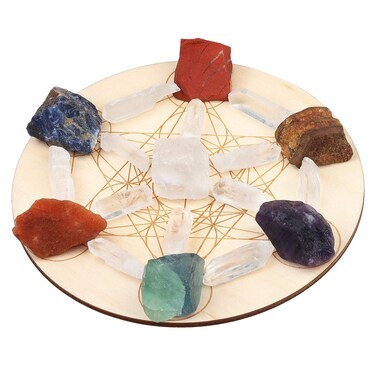 Rockcloud Chakra Therapy Starter Collection 20 Pcs Healing Crystals kit Raw Stones Rock Quartz Points Metatron's Cube Sacred Geometry Energy Crystal Grid, 7 Chakra Stones