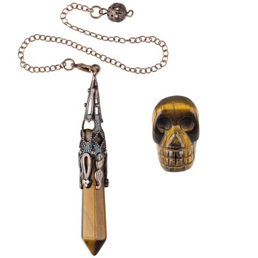 Rockcloud Energy Crystal Point Pendulum &amp; Healing Stone Human Reiki Skull Figurine Meditation Kits for Dowsing Divination, Tiger's Eye Stone