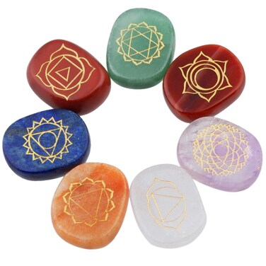 Rockcloud Healing Crystal 7 Chakra Stones Engraved Palm Pocket Worry Stone Reiki Balancing