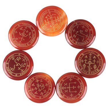 Rockcloud Healing Crystal 7pcs Engraved Magic Circle Spiritual Powers Round Palm Stones Reiki Balancing,Carnelian