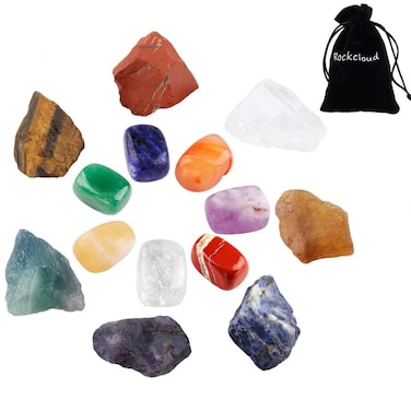 Rockcloud Healing Crystal Kit,Colorful 7 Chakra Tumbled Stones &amp; 7 Raw Stones Mineral Starter Set