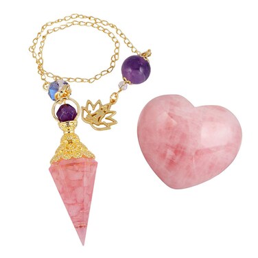 Rockcloud Healing Crystal Point Pendulum &amp; Natural Rose Quartz Heart Love Carved Palm Worry Stone Chakra Reiki Balancing Kits