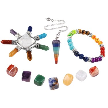 Rockcloud Healing Crystals Gift Kit in Gift Box - 7 Chakra Set Tumbled Stones, Rock Quartz Energy Generator, Chara Bracelet &amp; Pendulum for Meditation
