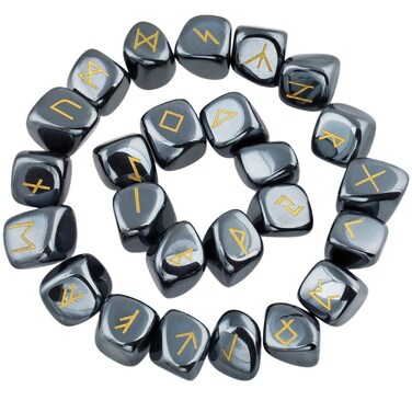 Rockcloud Hematite Rune Stones Tumbled Engraved Lettering Crystal Set for Wicca Crystals Healing Chakra Reiki