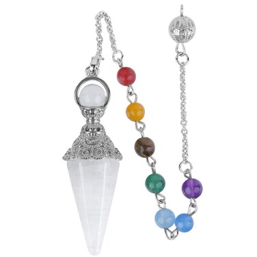 Rockcloud Natural Rock Quartz Crystal Pointed Pendulum with 7 Chakra Stone Beads Chain, 6 Facet Reiki Chakra Pendant for Divination Dowsing