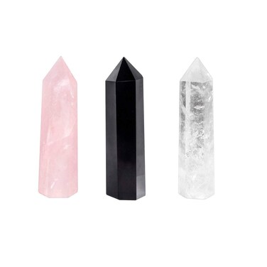 Rockcloud Pack of 3 Healing Crystal Wands Point 6 Faceted Prism Bar Reiki Chakra Stones for Meditation Therapy Decor 2 inches, Rose Quartz + Black Obsidian + Rock Crystal