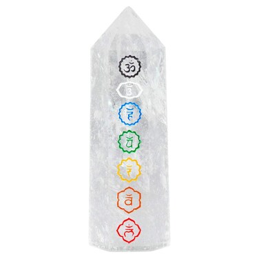 Rockcloud Rock Quartz with 7 Chakra Symbol Healing Crystal Point Faceted Prism Wand Carved Reiki Stone Figurine