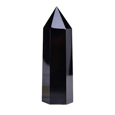 Runyangshi Large Natural Black Obsidian Healing Crystal Wand, 3.9"-4.3" (10-11cm) Crystal Tower 6 Faceted Single Point Crystal Prism Wand Natural Stones for Healing Meditation Reiki Chakra Therapy