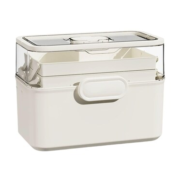 Saim 3-Layer First Aid Organizer Multipurpose Storage Box with Handle and Dividers, Portable Tackle Box, Art Craft Case for Sewing Supplies Medicine Cosmetic,Cosmetic Household Organizer - White