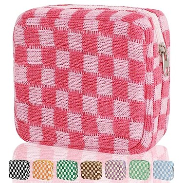 Sanitary Napkin Storage Bag, Menstrual Pad Zipper Bag Checkered Portable Period Bag Panty Liners, Tampon Storage Pouch for Women Ladies Daily Use Storage Purse Travel