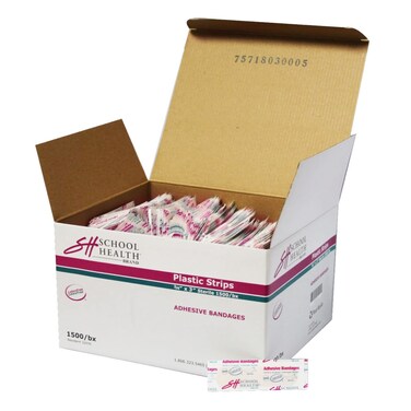 School Health - Adhesive Bandages, Comfortable Form-fitting Protection &amp; Wound Care for Minor Cuts and Scrapes, Premium Adhesive Stays Secure with Movement or Perspiration, Plastic, 3/4" x 3" 1500/Box