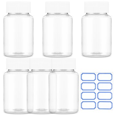 Sibba Clear Pill Bottle 6 Pcs Empty Medicine Organizers Plastic Dispenser Jar Powder Storage Transparent Reagent Containers Leak Proof Caps Receptacle Fit Home Counter Toiletries Package