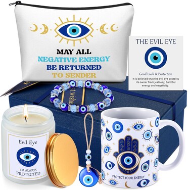Skylety 8 Pcs Evil Eye Gift for Women Men Jewelry Evil Eye Protection Mug Aromatherapy Candle Pendant Makeup Bag Bracelet Luck Card with Raffia Grass Box for Gift