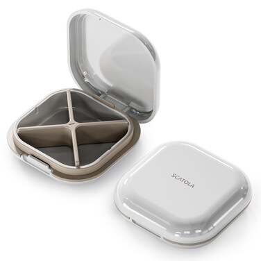 Small Pill Case, Travel Pill Box, Portable Pill Organizer, Pill Container for Pocket 4 Compartments, Daily Compact Travel Medicine Holder for Vitamins Medication (Light Grey)