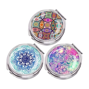 Small Pocket Pill Box,Portable Metal Pill Case with 3 Compartment Compact Travel Medicine Pills Holder with Mirror,Daily Medicine Tablet Organizer (3 Pack Mandala)