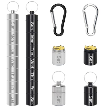 Small Portable Pill Case Keychain for Travel, AngleKai 2 Pack Pill Organizer Box, Waterproof Tablet Container Weekly Medicine Bottle Organizer (Black and Silver)