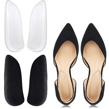 SQHT Medial &amp; Lateral Heel Wedge Gel Shoe Insoles for Foot Alignment, Knock Knee Pain, Osteoarthritis, Bow Legs - Supination &amp; Pronation Corrective Self-Adhesive Shoe Inserts (Transparent+Black)