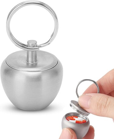 Stainless Steel Keychain Pill Holder, Fruit Pendant Design, Portable Watertight Pillbox Container for Purse or Pocket or Necklace, Mini Portable Stainless Steel Metal Small Medicine Box Sealed Jar