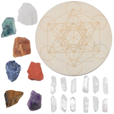 SUNYIK 19 PCS Metatron's Cube Energy Chakra Crystal Grid, 7 Chakra Crystal Stones, 12 PCS Rock Quartz Bars, 1 PCS Archangel Mai Dachang Array Board Kits for Beginner