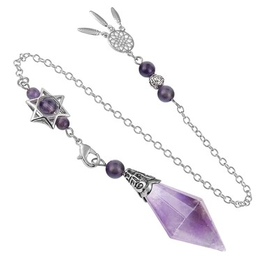 SUNYIK Faceted Healing Crystal Point Pendulum for Divination Pointed Quartz Stone Pendant with Merkaba Star and Dream Catcher, Amethyst