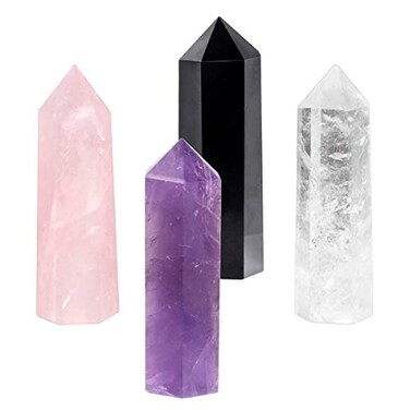 SUNYIK Gemstone Healing Crystal Points Wand, Single Terminated Wand Prism for Meditation, Amethyst Rose Quartz Rock Quartz Black Obsidian, Pack of 4
