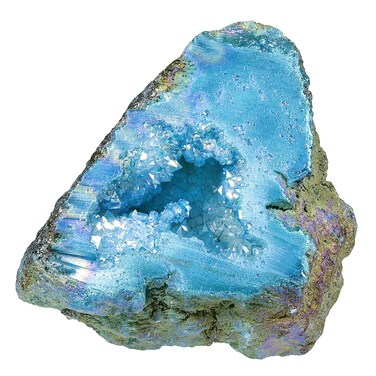 SUNYIK Natural Rainbow Titanium Coated Quartz Geode Quartz Crystal Cluster Specimen for Home Office Decoration Reiki Healing Meditation, 100-200g(0.2-0.4lb), Blue