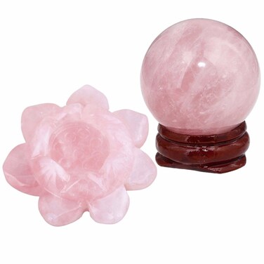 SUNYIK Natural Rose Quartz Crystal Ball Healing Figruine on Rose Quartz Lotus Flower(2"-2.2")